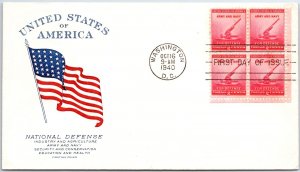 U.S. FIRST DAY COVER NATIONAL DEFENSE 2c BLOCK OF (4) ON PATRIOTIC CACHET 1940