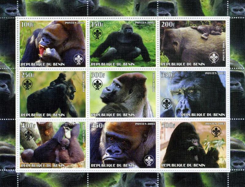 Benin 2003 GORILLAS Scout Emblem Sheet (9) Perforated Mint (NH)