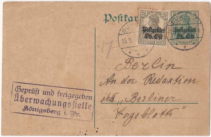 Poland (German Occupation) 1917 Suwalki Censored 5 Pfg. + 2½ Pfg. Postal Card