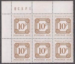 TRISTAN DA CUNHA: postage due SET #J6-10 variety MINT BLOCKS OF SIX w IMPRINT VF