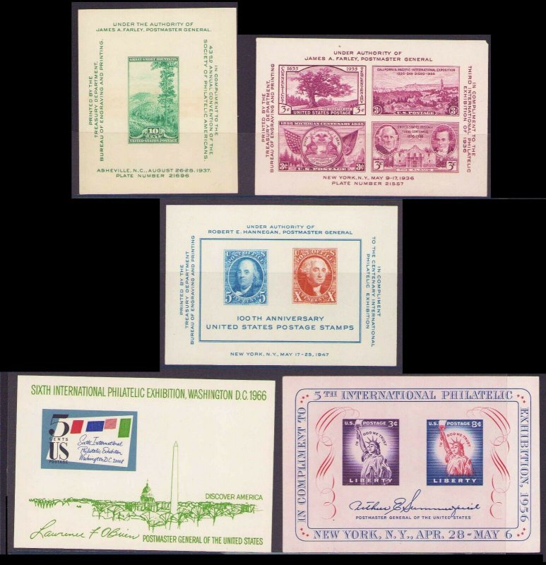 US Souvenir Sheets  778 797 948 1075 1311 Set of Five, MNH 