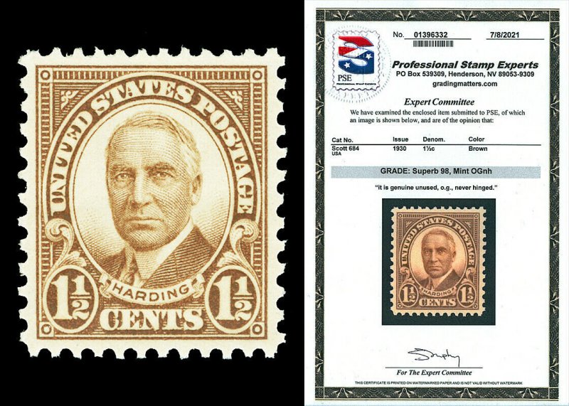 Scott 684 1930 1½c Harding Issue Mint Graded Superb 98 NH with PSE CERTIFICATE!