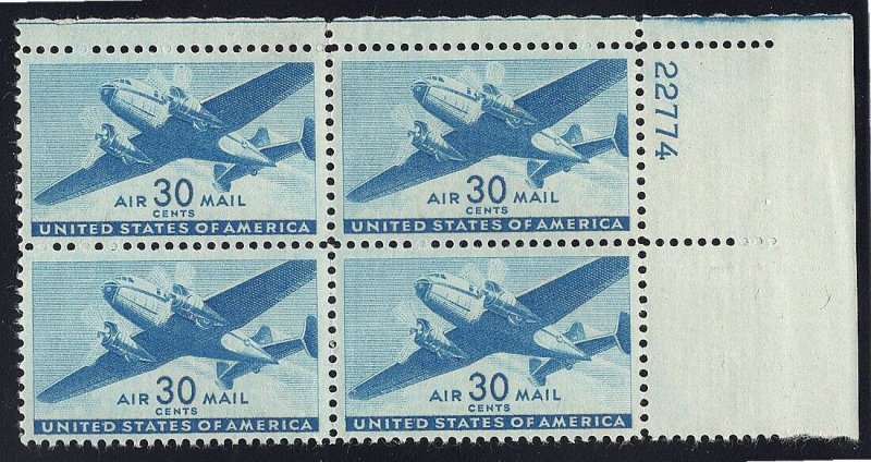 C30 WWII 30c Transport Plane Airmail UR Plate Block-VF MNH OG (REM #C30-8)