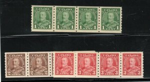 Canada #228 #229 #230 Very Fine Never Hinged Coils In Strips Of Four 