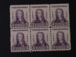 UNITED STATES-1933-SC#726-GEN. JAMES EDWARD OGLETHORPE-MNH BLOCK-91 YEARS OLD