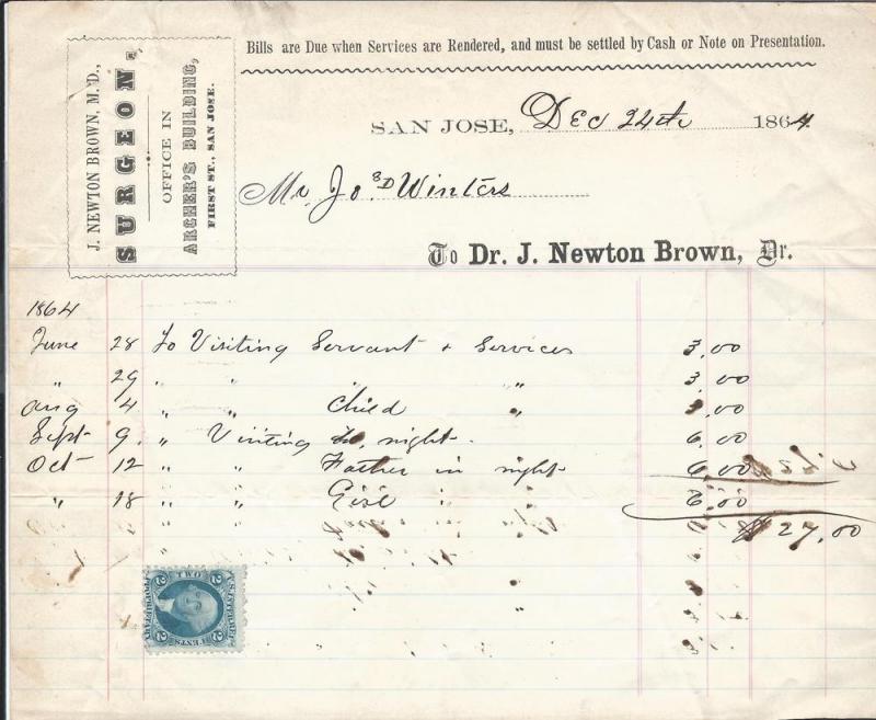 J. Newton Brown M.D. Surgeon Invoice bearing Scott R13, M...