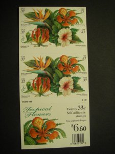 Scott 3313b, 33c Tropical Flowers, Pane of 20, #S33333, MNH Booklet Beauty