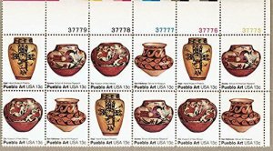 1977 Pueblo Indian Pottery Plate Block of 12 Postage Stamps, Sc#1706-1709, MNH