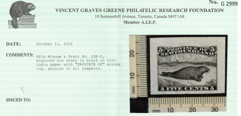 Newfoundland M&P #25E-C Extra Fine Engraved Die Essay In Black **With Cert.**