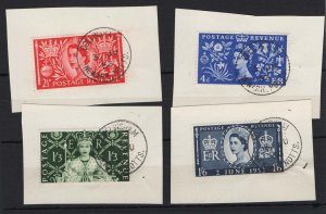 GB 1953 Coronation set very fine used, each value on piece with crisp first da