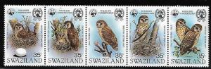 SWAZILAND 405 MNH OWLS STRIP OF 5,   CV 110.00 1982 WWF