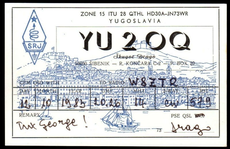 QSL QSO RADIO CARD YU2OQ,Yugoslavia,Skugot Drago,Village,Ships, (Q3041)