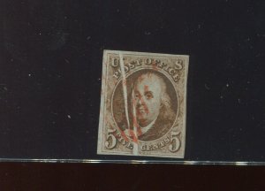 1 Var Franklin Imperf Used Stamp with DRAMATIC PRE-PRINTING PAPER FOLD (1-A15) 