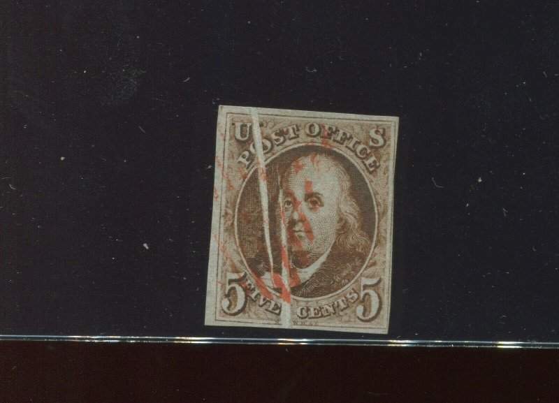 1 Var Franklin Imperf Used Stamp with DRAMATIC PRE-PRINTING PAPER FOLD (1-A15)