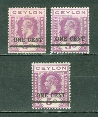 CEYLON 1918 GEO V #223 LOT of (3) SHADES MINT/UNUSED NO THINS