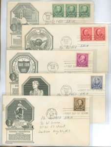 US 859-863 1940 Educators set of five on five addressed FDC with matching Anderson cachets.