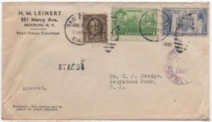 { US Insured Cover H. M. Linert Brooklyn, NY July 1937to Dr. T. J. Dredge NJ