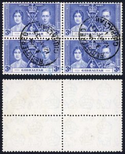 Gibraltar SG120 1937 Coronation 3d Blue Block with 12 May 1937 FDC