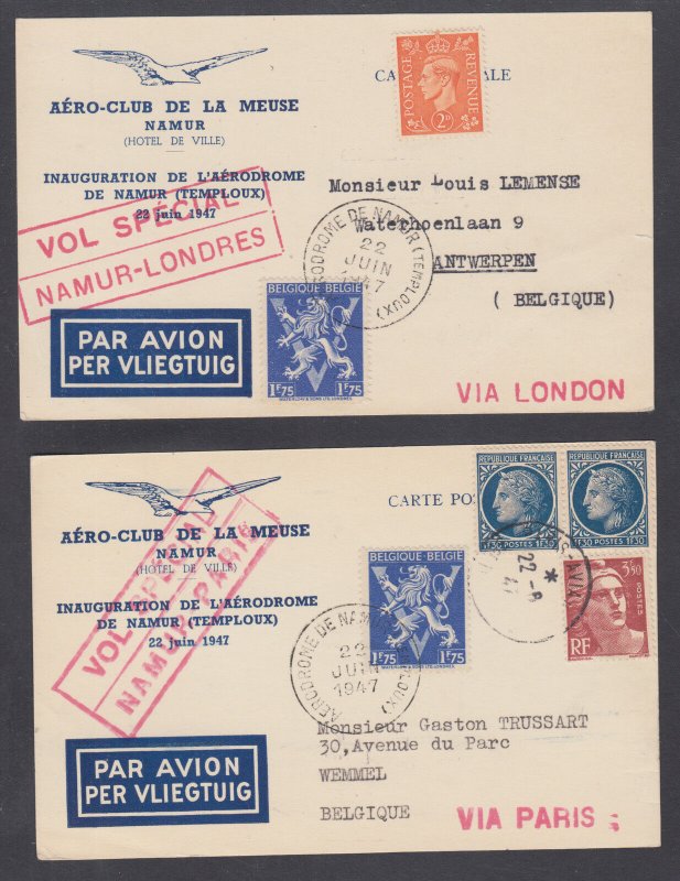 France Sc 576, 578 Belgium Sc 331 on 1947 NAMUR Aerodrome Inauguration postcards