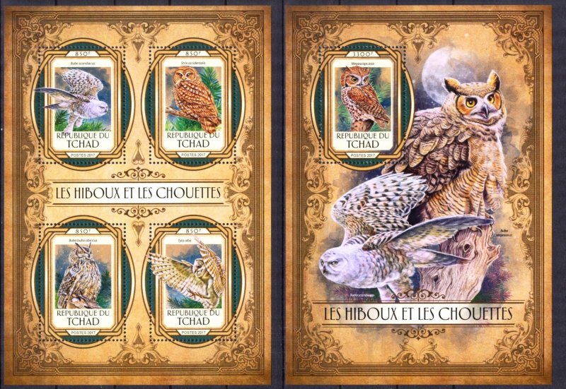 Chad 2017 Birds Owls I sheet + S/S MNH