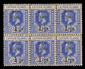 Cayman Islands #MR1a Cat$375+++, 1917 1 1/2p on 2 1/2p, block of six, upper l...