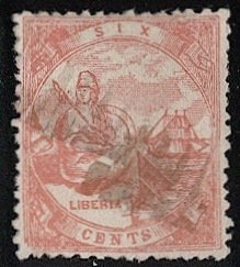 LIBERIA 1864 Sc 7 Used 6c rose on thin paper VF, Perf 11-1/2, Torres Forgery