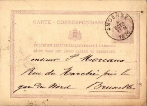 Belgium 5c Numeral Postal Card 1876 Andenne to Brussels.  Toning and pnch hol...