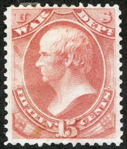 US Sc O90 Rose 15¢ 1873 p.12 Official Hinged Remnant Original Gum Dbl Trnsfr Var