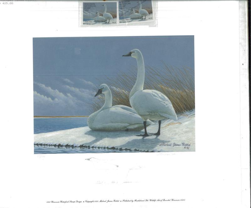 WISCONSIN #15 1992 STATE DUCK STAMP PRINT TUNDRA SWANS James Riddet remarque