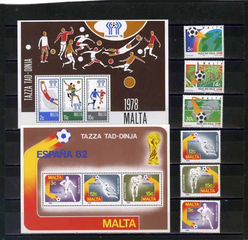 MALTA SMALL COLLECTION SOCCER SET OF 6 STAMPS & 2 S/S MNH