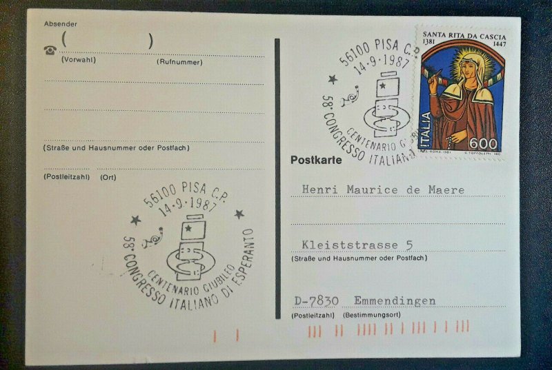 1987 Pisa Italy To Emmendingen 58th Italian Esperanto Congress Illustrated Cover