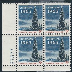 U.S.#1240 Christmas 1963 Tree 5c Plate Block of 4, MNH.