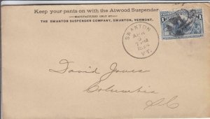 1894, Advertising: Suspenders, Swanton, VT to Columbia, SC, See Remark (31022)