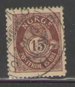 Norway Sc 52 1908 15 o post horn stamp used