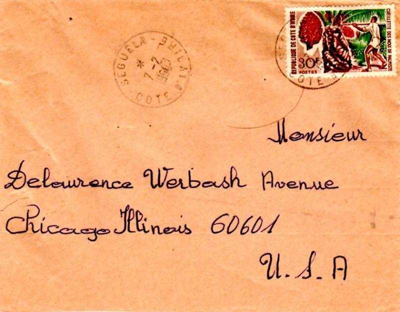 Ivory Coast 30F Cabbage Tree 1968 Seguela, Cote d'Ivoire to Chicago, Ill.  EU...