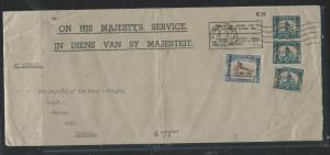 SOUTH  AFRICA  (P2504B) OHMS COVER 1947 1 1/2 OFFICIALX3+1/0 OFFICIAL TO UK