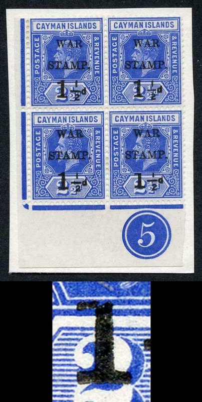 Cayman Is SG54 1.5d on 2.5d Type 15 Plate Block Variety STRAIGHT SERIF