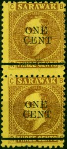 Sarawak 1892 1c on 3c Brown-Yellow SG27 Fine Unused Vertical Pair