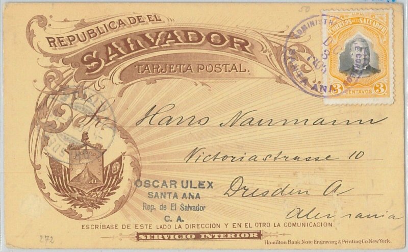 51081 -  EL SALVADOR -  POSTAL HISTORY - POSTAL STATIONERY CARD to GERMANY  1903