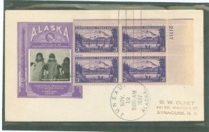 US 800 1937 3c Alaska (part of the US Possessions series) plate block of four on an addressed (hand stamp) first day cover with