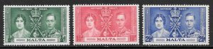 Malta Scott 188-90 Unused HOG - 1937 Coronation Issue - SCV $1.25