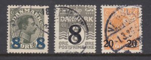 Denmark Sc 162, 163, 176 used. 1921-26 Surcharges, 3 diff, sound, F-VF group.