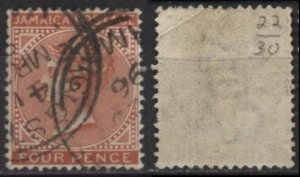 Jamaica 22a (used, crease) 4p Victoria, org brn (1883)