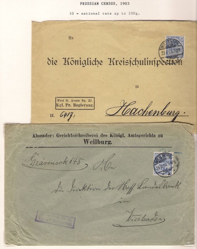 Deutschland PRUSSIA 1903 FREI durch Ablösung Two Covers WIESBADEN WEILBURG