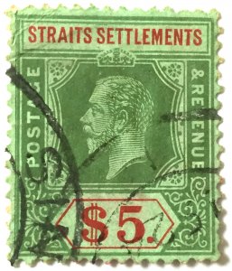 Malaya Straits Settlements KGV 1912-23 $5 Emerald back USED MCCA SG#212c M4746