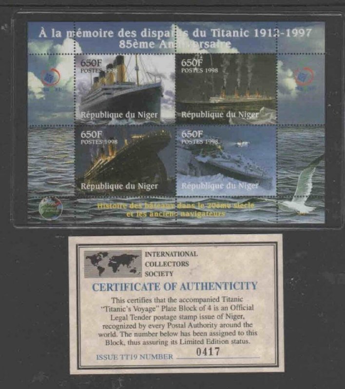 NIGER 1998 TITANIC MINT VF NH O.G M/S4 W/CERT (2NI) bb 