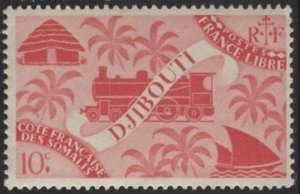 Somali Coast 225 (mnh, light crease) 10c locomotive & palms, pink (1943)