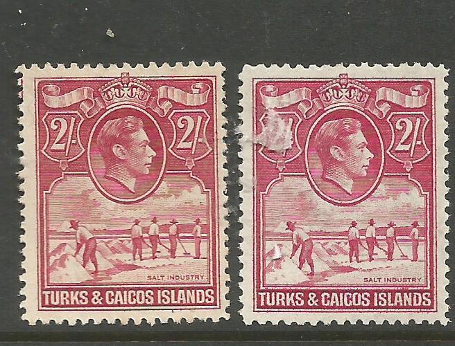 Turks & Caicos KGVI 2/- SG 203, 203a MOG (1cqw)