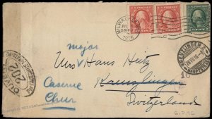 USA 1916 Switzerland WWI Censor Washington Franklin Transatlantic Cover 81908