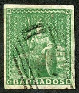 BARBADOS SG7 1855 1/2d Yellow-Green on White Paper Four Margins Cat 110